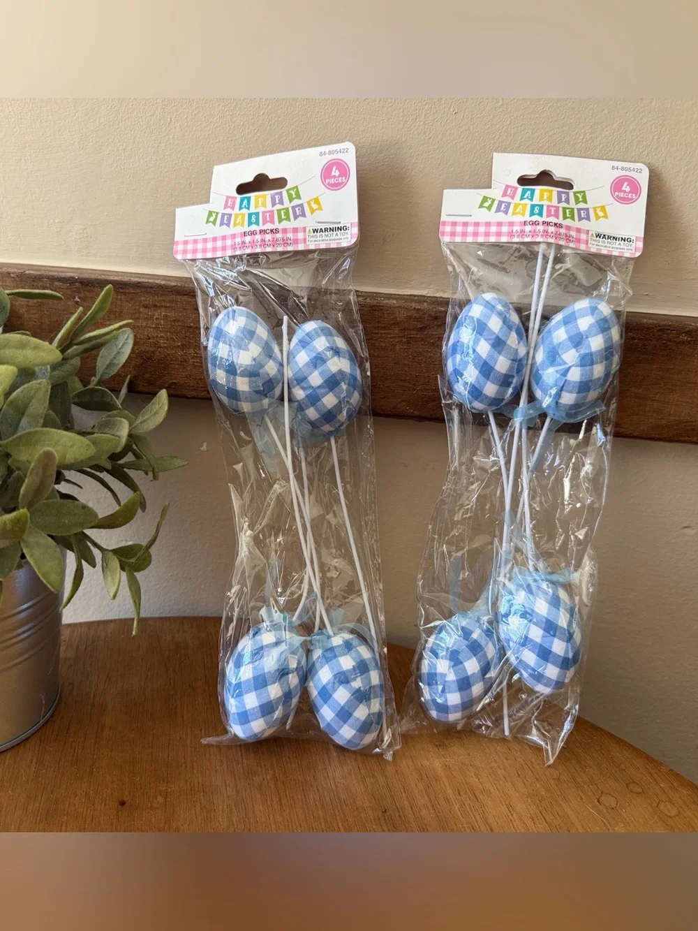 Hobby Lobby Blue Gingham Egg Picks - Set of 8 Decorative Stemmed Eggs
